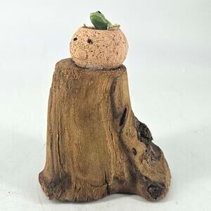 Hand made wood folk art tiny planter w miniature frog figurine